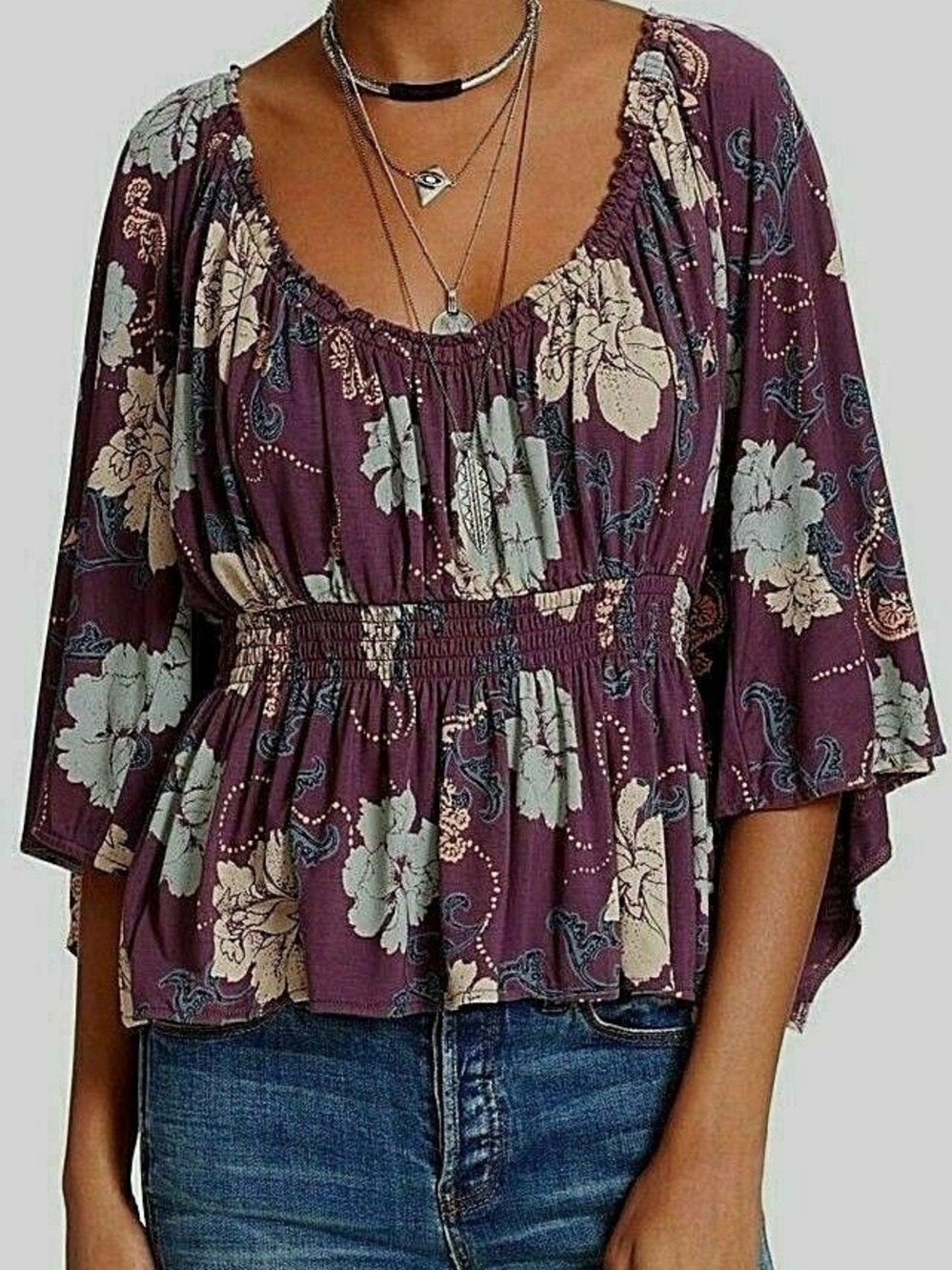 Free People Glenside Floral Print Peasant Boho Blouse - Purple
